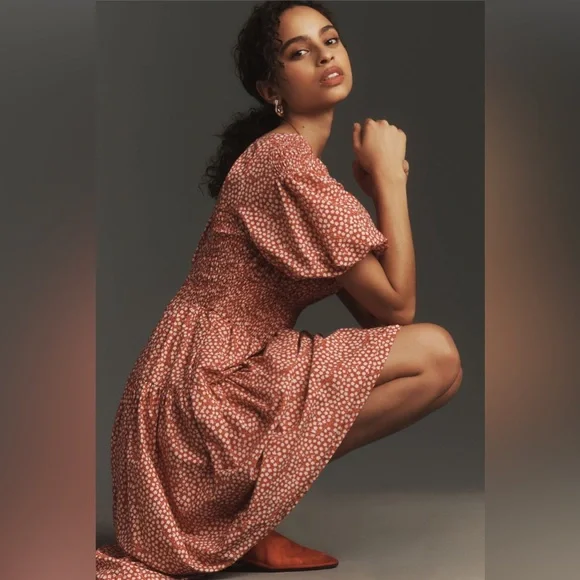 ✨ Anthropologie Puff-Sleeve Smocked Poplin Midi Dress Sz SP - Picture 4 of 6